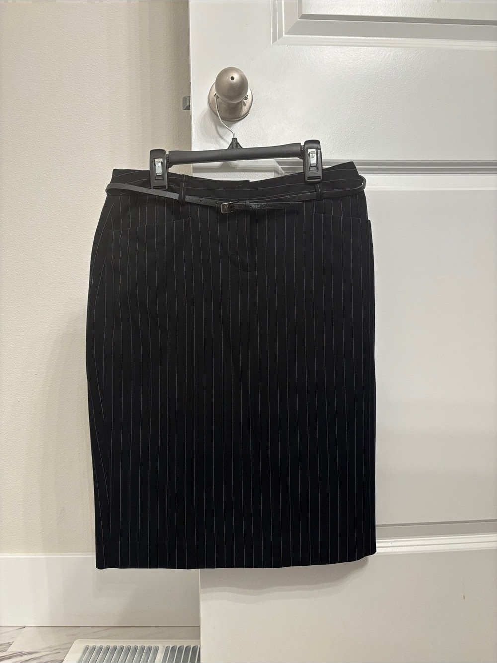 Calvin Klein Black Pinstripe Pencil Skirt with Slim Belt